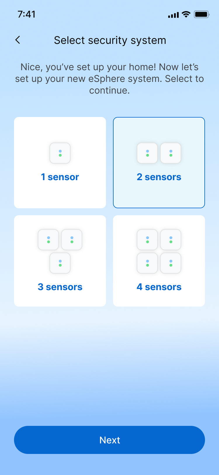 Select number of sensors screen