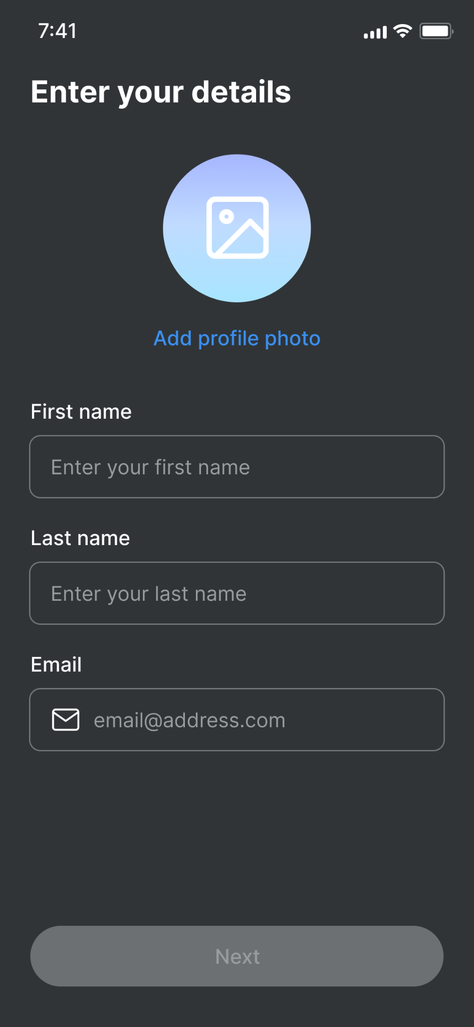 Enter your details screen