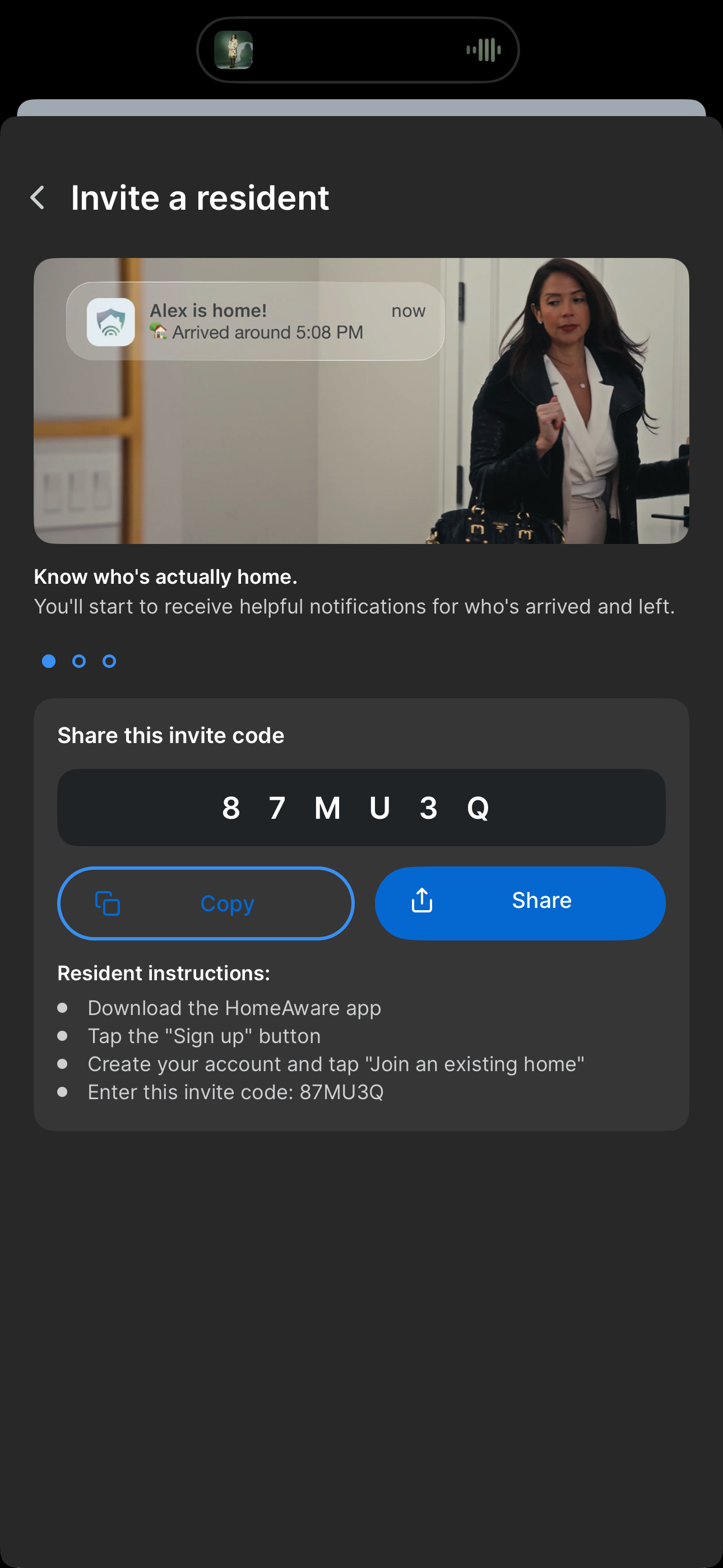 Share invite code screen