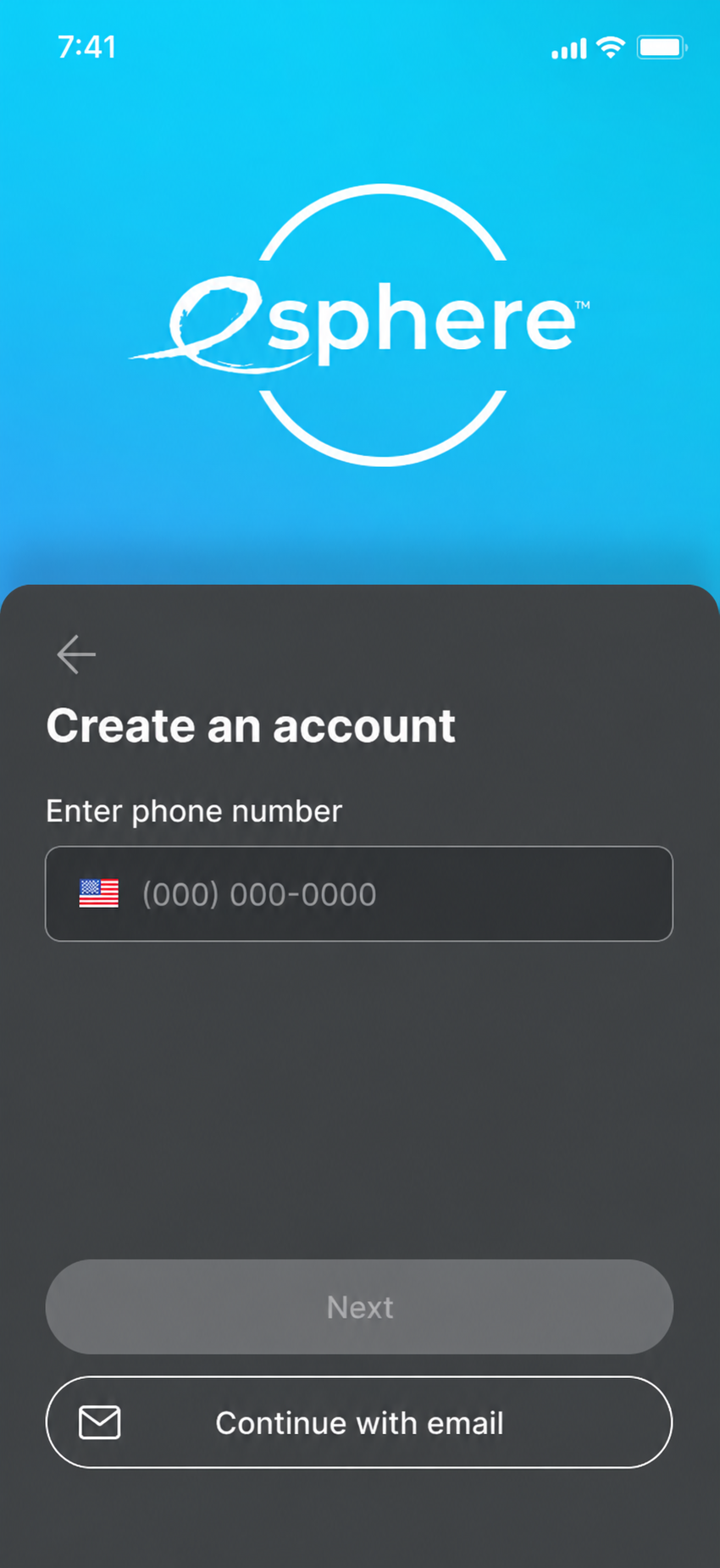 Create account screen