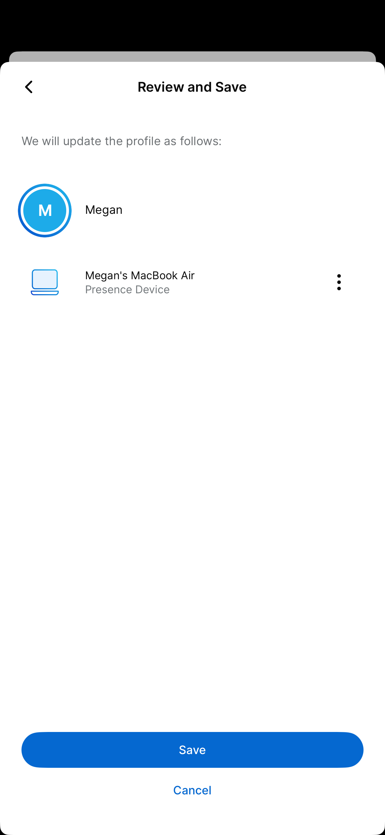 Review selected device screen with Save button
