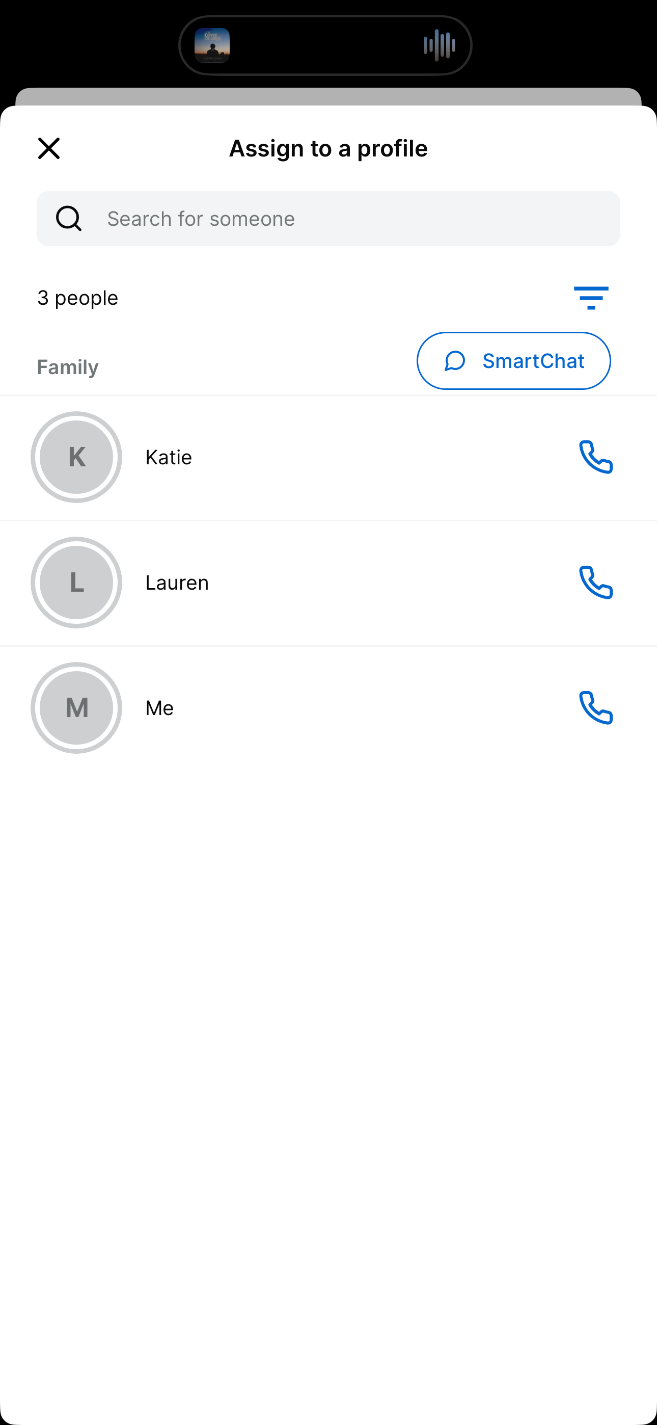 Household members shown as selectable profiles