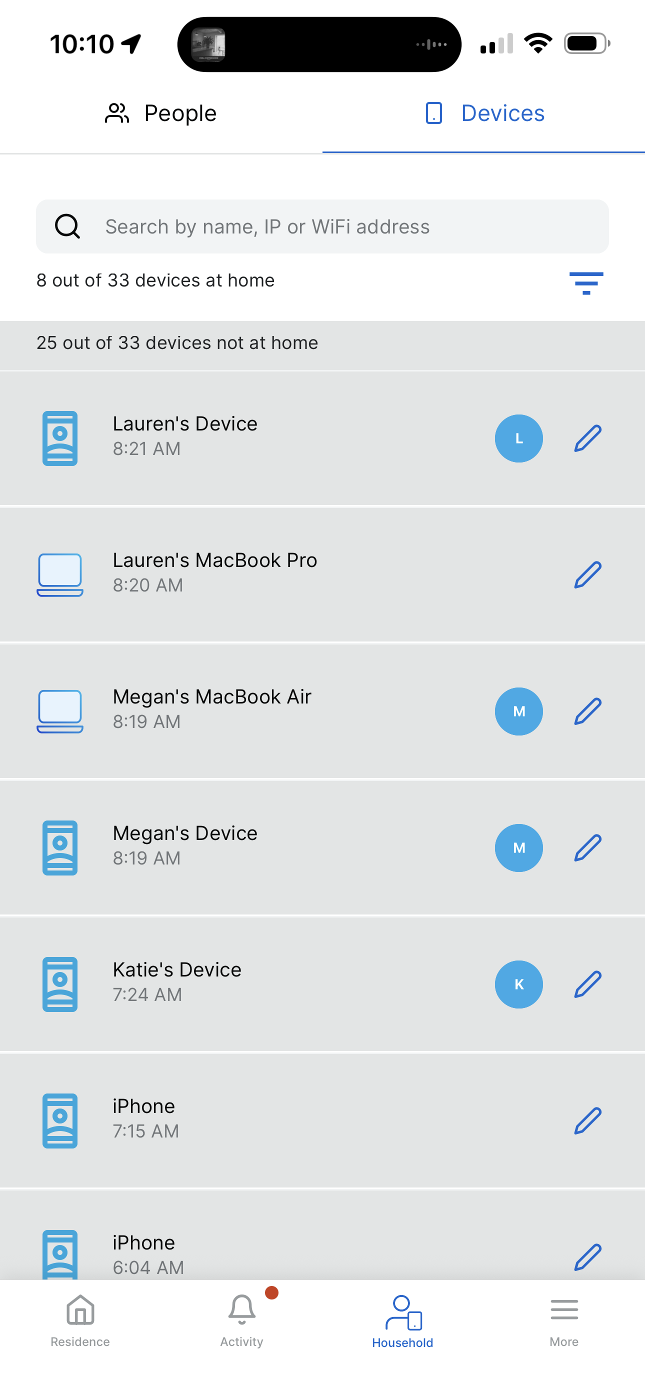 Devices list with a device selected