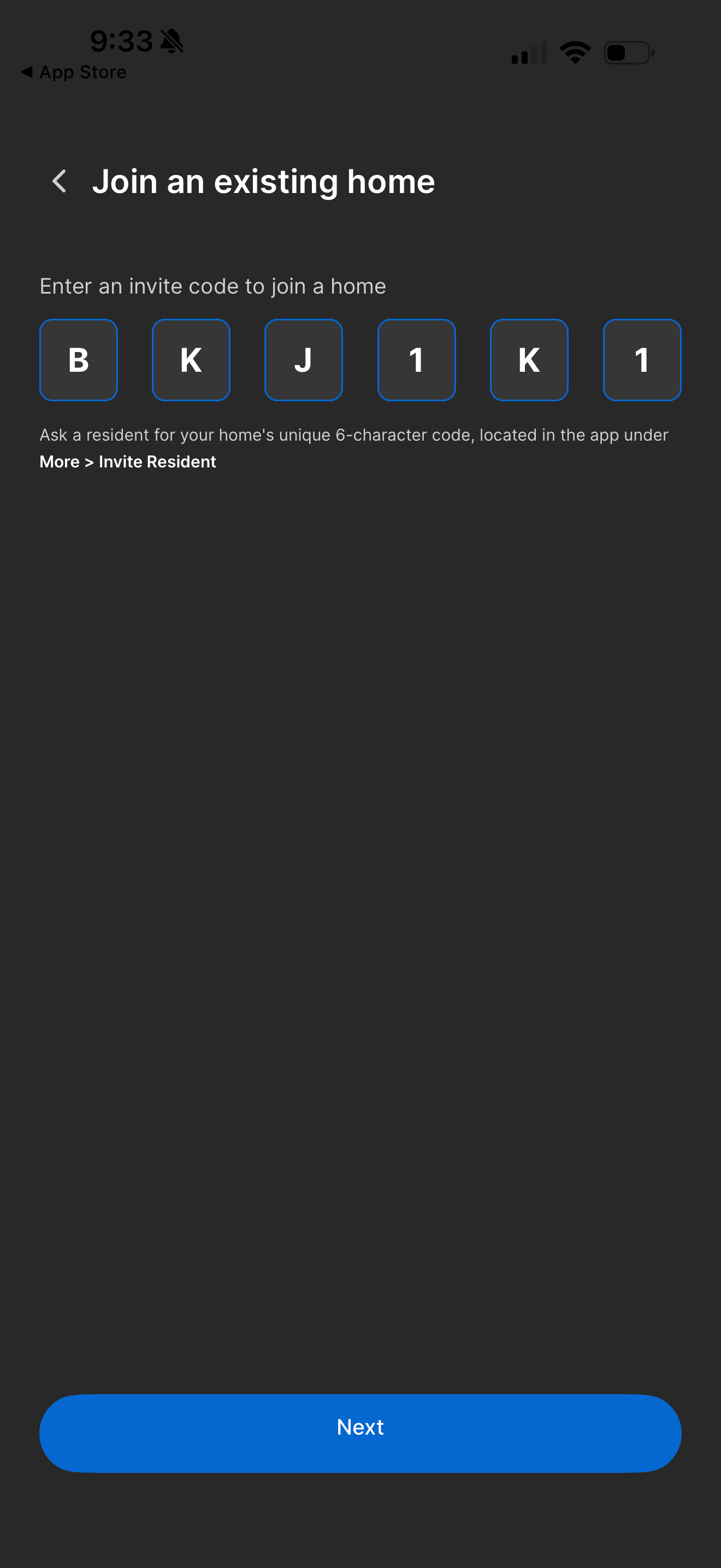 Invite code entry screen
