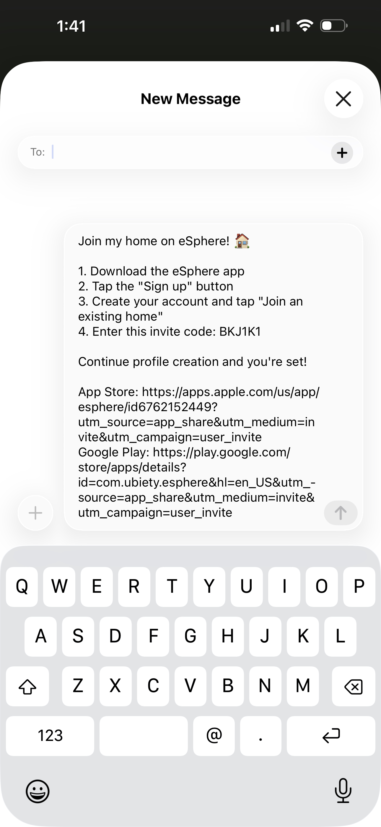 Resident's invite message with app download link