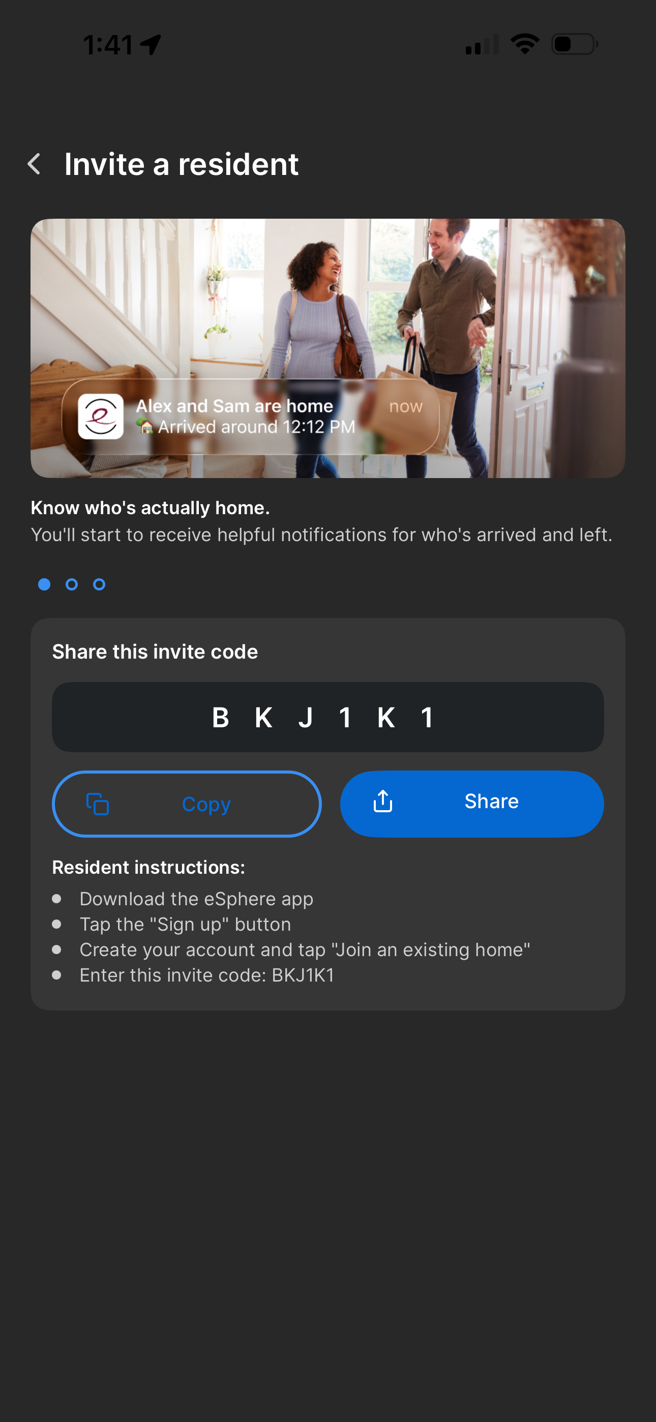 Six-character invite code with Copy and Share options