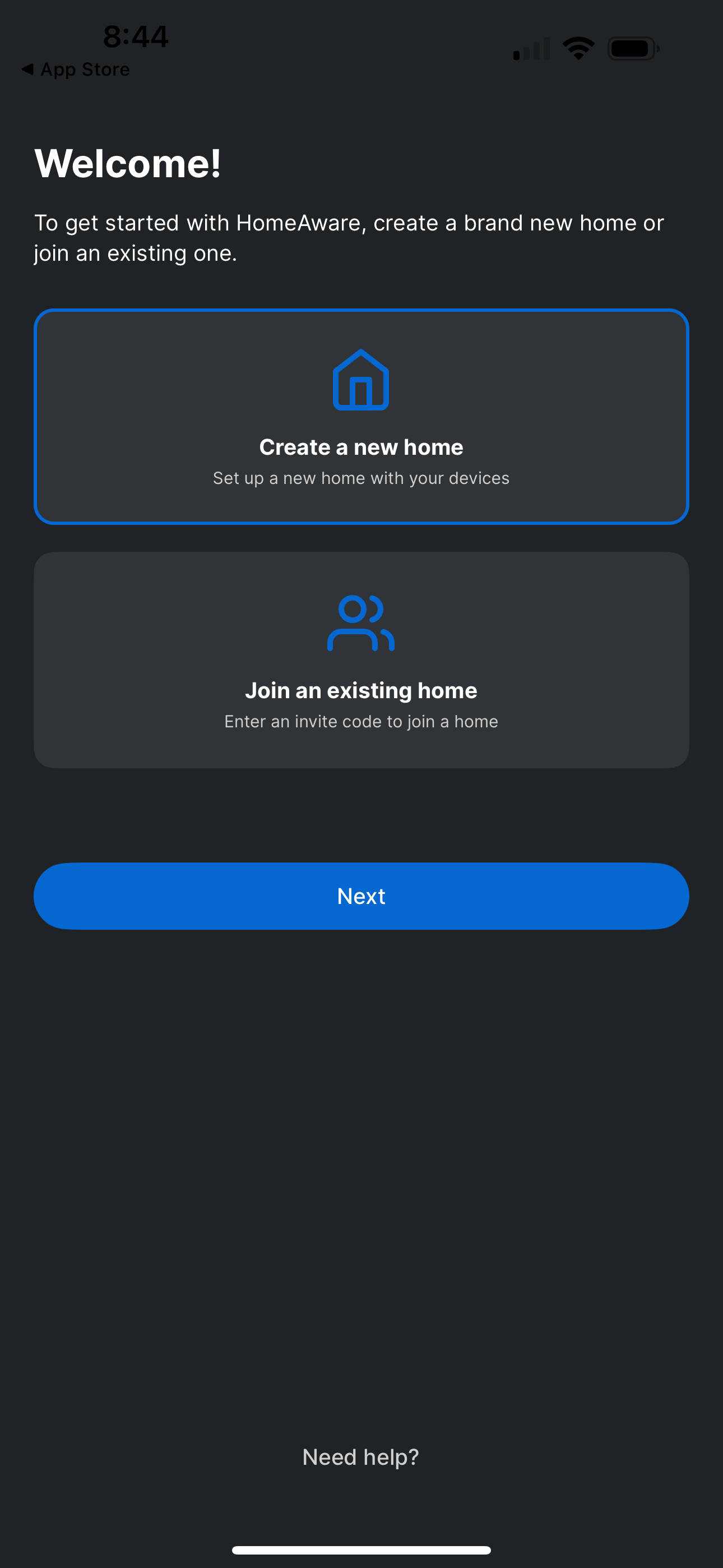 Join an existing home option on the app's start screen