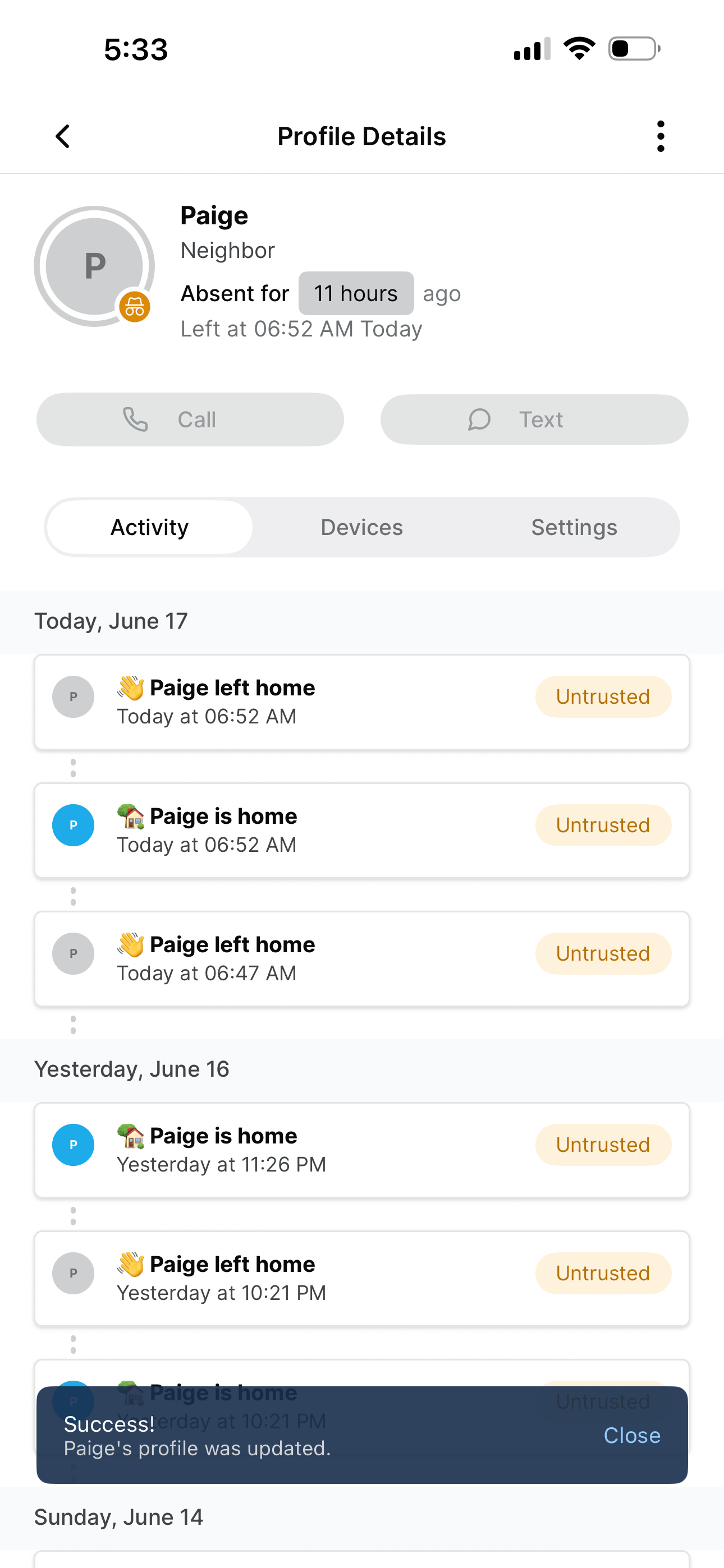Notification displaying the untrusted icon