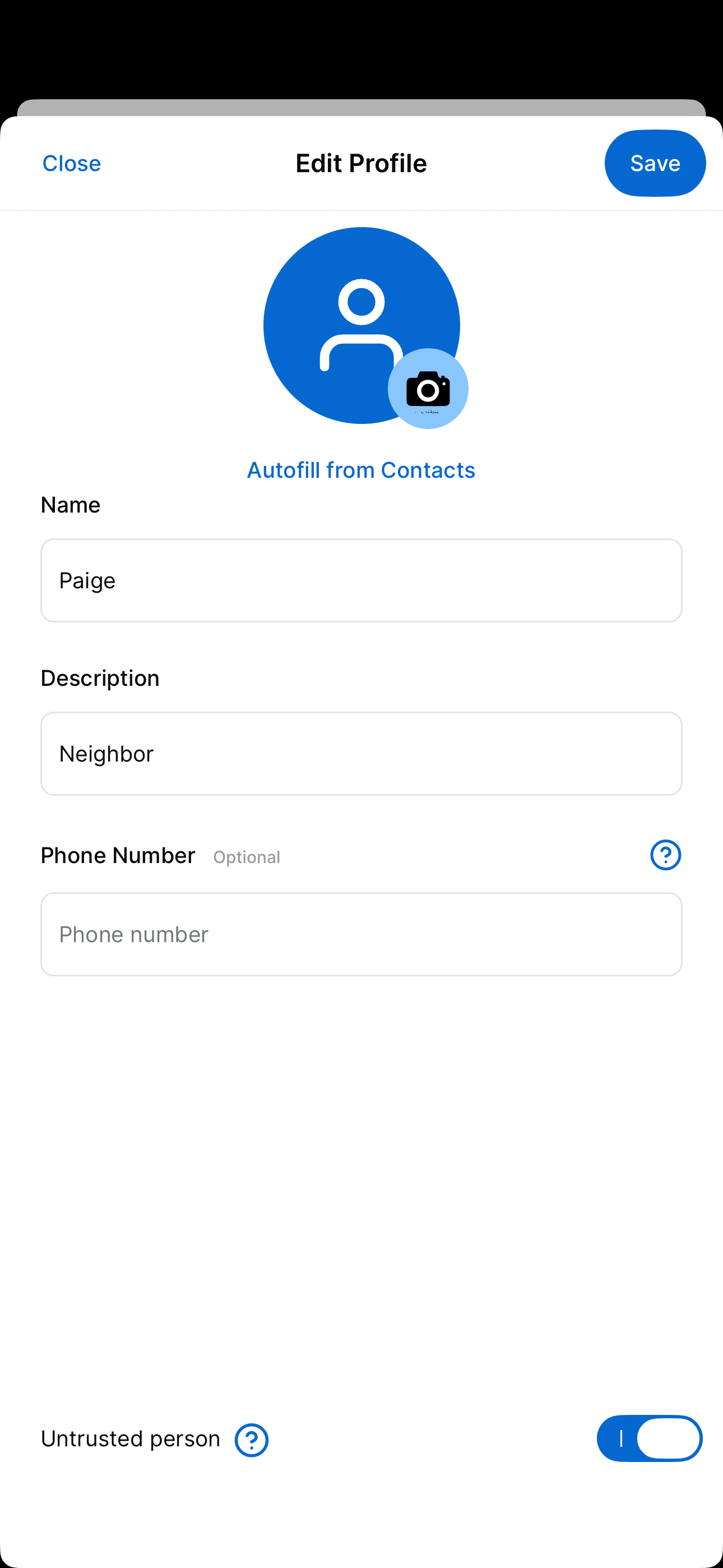 Edit Profile page with the Untrusted Person toggle switched on