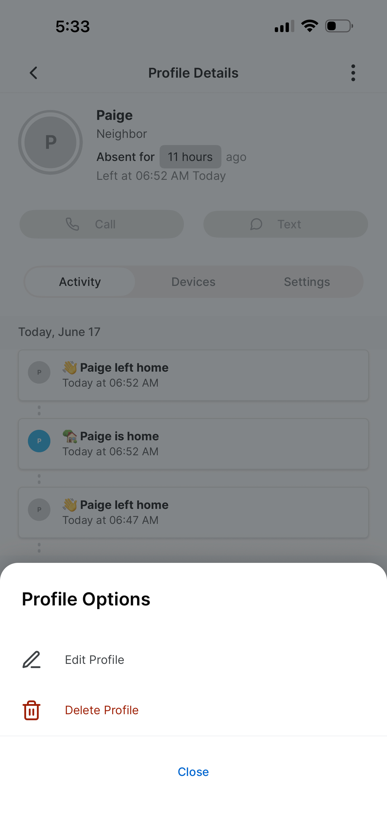 Profile Options popup with Edit Profile selected